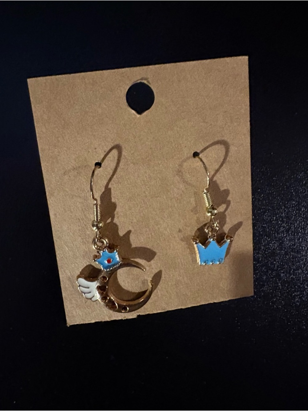 Gold-tone Crescent & Crown Dangle Earrings with Blue Accents